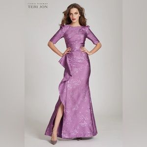 Teri Jon purple Jacquard Gown with Cascade